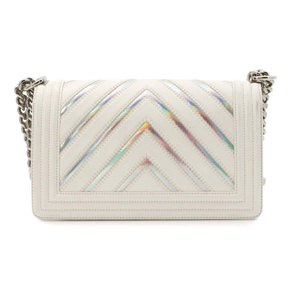 Chanel Boy Chain Shoulder Handbag, Leather, White, A67086, Chevron V-stitch, ...